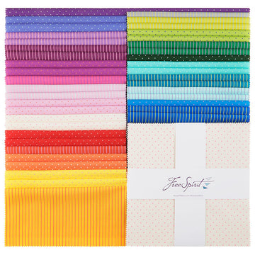Tula Pink True Colors Tiny Coordinates 10" squares fanned out in rainbow order, pink and purple to green and blue dots and stripes