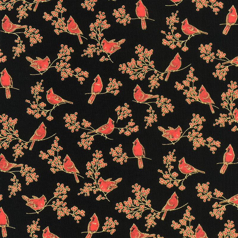 Holiday Charms - Birds Black Metallic Yardage Primary Image