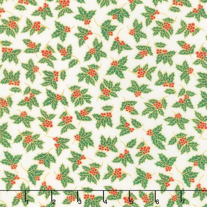 Holiday Charms - Holly Ivory Metallic Yardage